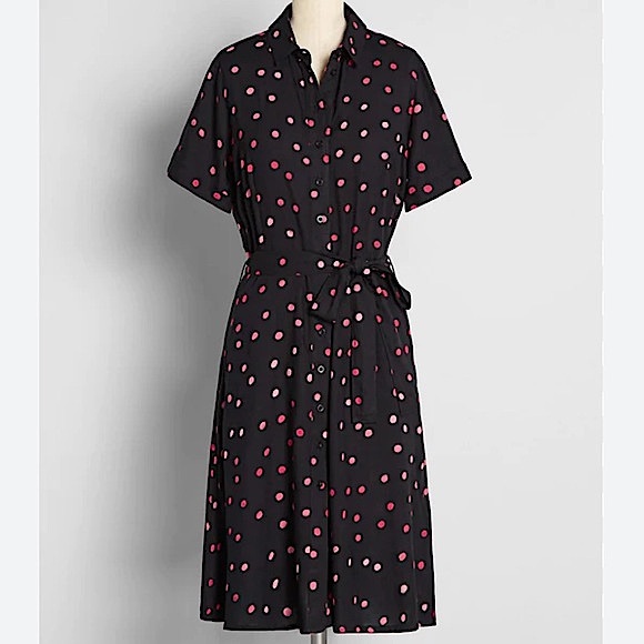 Modcloth Dresses & Skirts - Modcloth Black Midi Shirt Dress with Pink Polka Dots
